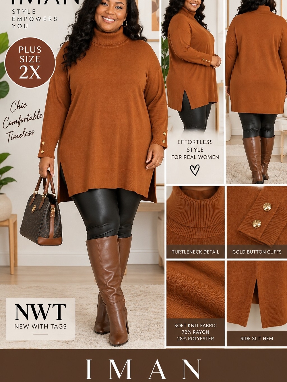 IMAN Plus Size 2X Turtleneck Tunic Sweater in Rust Brown with Gold Button Cuffs
